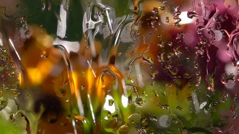 Slow motion of shower for wet window with sunny defocused summer flower bed Stock Footage 99145405