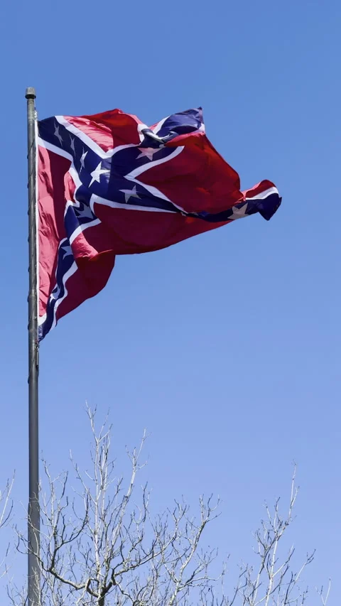 Slow motion shows large confederate flag flapping in stiff breeze Stock Footage 329892000
