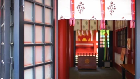 Slow motion side view panning of Hie Shrine temple hall entrance, Tokyo Japan Stock Footage 125532258