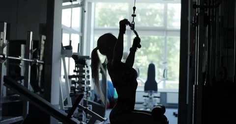 Slow motion, side view silhouette of a young blonde lady with ponytail seated on Stock Footage 123066202