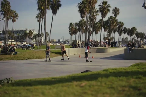 Slow Motion Skaters at Venice Beach Rollerblade Zone and Skate Park LA Stock Footage 306107664