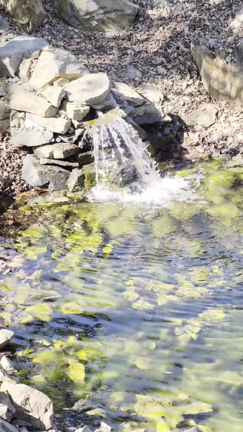 Slow Motion Small Garden Waterfall Rocks Pool 4K vertical HDR Stock Footage 333627001