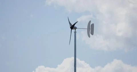 Slow Motion of a Small Horizontal Wind Turbine Spinning in the Wind Stock Footage 245596385