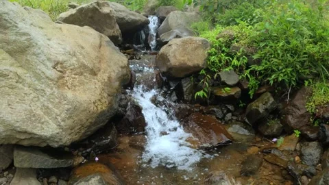 Slow motion of a small mountain river flowing clear in the rocks Stock Footage 307409745