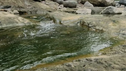 Slow motion of a small mountain river during the dry season Stock Footage 321320264