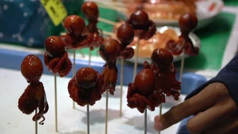 Slow motion of Small octopus on sticks. Delicious japanese street food snack Stock Footage 164537225