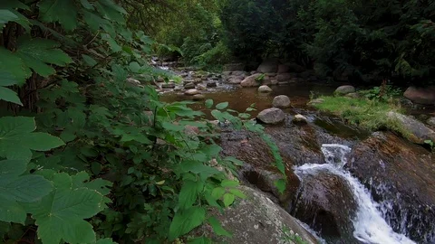 Slow Motion of A Small Waterfall With Rocks, Pan Shot Stock Footage 116055747