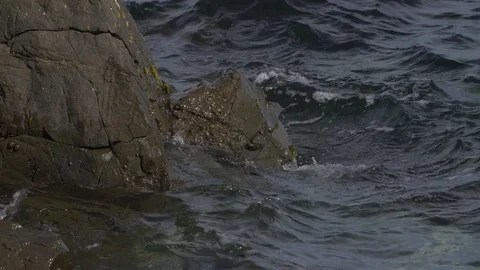 SLOW MOTION: small wave hits rock (180fps) Stock-Footage 84048429