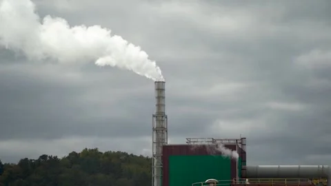 Slow Motion Smoke Stack Cloudy Day Stock Footage 218408172