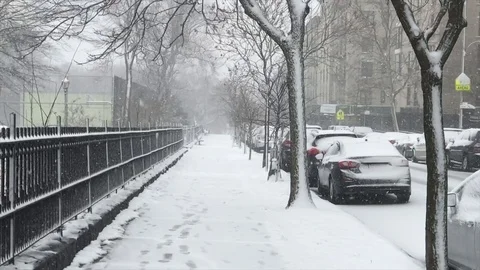 Slow motion snow fall on the streets of NYC Stock Footage 95494097