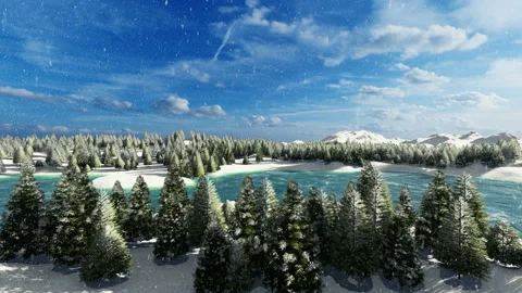 Slow motion of snow falling over green forest Stock Footage 145143675