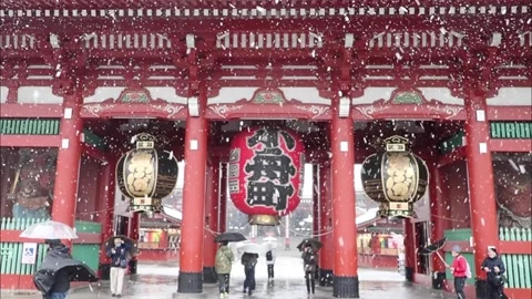 Slow motion snow falling at Sensoji Temple Hozomon gate. Stock Footage 157139905