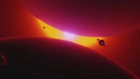 Slow motion space flight animated background. Glowing neon, warm, red, purple Stock Footage 246002280