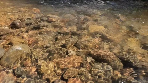 Slow motion of sparkling river water waves on the gravelly river bank Video stock 307431350