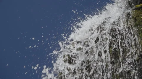Slow Motion, Splashes From Mountain Falls Fall Down Against The Face of Blue Sky Stock Footage 149800080