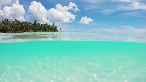 Slow motion split view half underwater crystal azure calm sea surface Stock-Footage 137212699