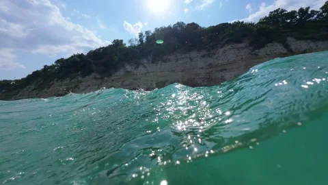 Slow Motion Split View Rocky Sea Coast and Emerald Water Video stock 342122816