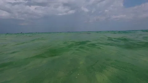 Slow Motion Split View Sea Water Surface Waves and Cloudy Sky Stock Footage 342123367