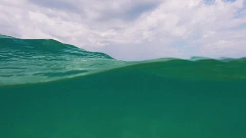 Slow Motion Split View Sea Water Surface Waves and Cloudy Sky Stock Footage 342123405