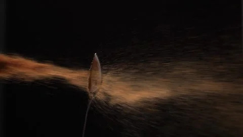 Slow motion of sprinkling cocoa from a small spoon in dark studio Stock Footage 270402860