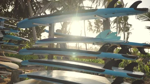 Slow motion of a stack of large surfboards on a board rack in the surf camp  Stock Footage 244591992