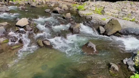 Slow motion static shot of a rocky river stream with clear rushing water in Bali Stock Footage 336904390
