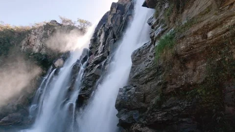 Slow Motion Static View Of A Waterfall Crest With Sky Copy Space Stock Footage 340470446
