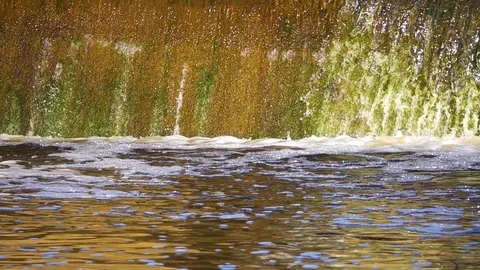 Slow Motion stream of water falls from an artificial slope. Stock Footage 110858036