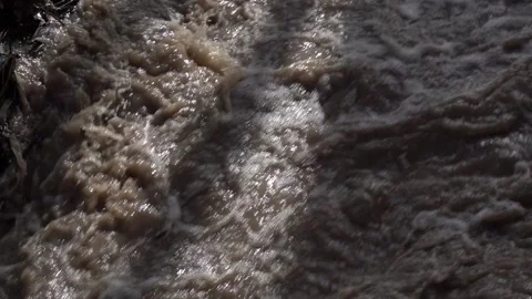 Slow Motion Strong Flow of Water from a Muddy Mountain River Stream Stock Footage 236610213