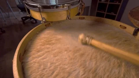 Slow Motion Strong Mallet Hits on Furry Drum Head of Traditional Bombo Leguero Stock Footage 340063897