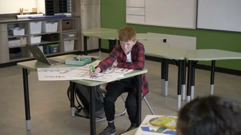 Slow motion of student making poster in classroom Stockbeeldmateriaal 221035316