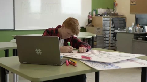 Slow motion of student making poster in classroom Stock Footage 221035474