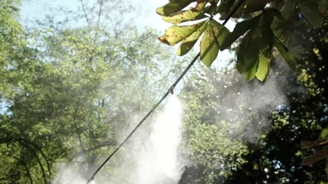 Slow motion of a summer cooling mist in a park. Summer cooling water spay. Stock Footage 316920634