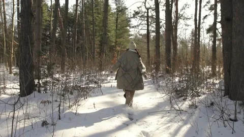Slow motion. Sunbeam. Model walks and poses in a snowy forest. Stock Footage 154209535
