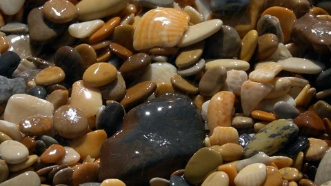 Slow motion of sunny rain on round pebbles and shell particles close up. Stock Footage 98096972