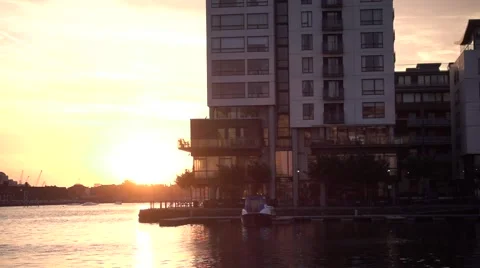 Slow Motion Sunrise Sunset Grand Canal Dock, Dublin, Ireland Stock Footage