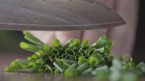 Slow motion of super sharp knife cutting chives, macro, selective focus Stock Footage 161248799