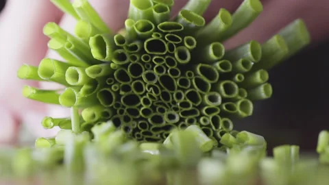 Slow motion of super sharp knife cutting chives, macro, selective focus Stock Footage 161248867