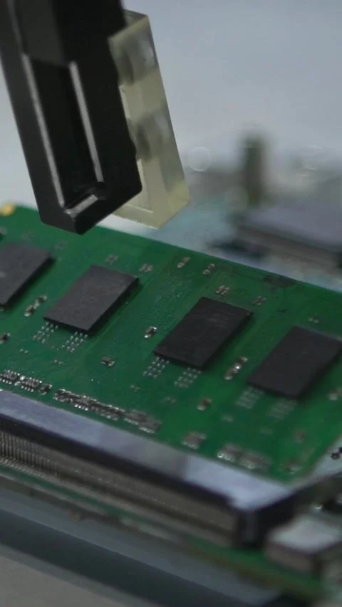 Slow Motion surface mounted technology connecting microchips to motherboard. Stock Footage 317718897