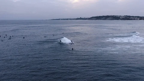 Slow motion surfers at dusk calmly waiting for next wave Stock Footage 112697429