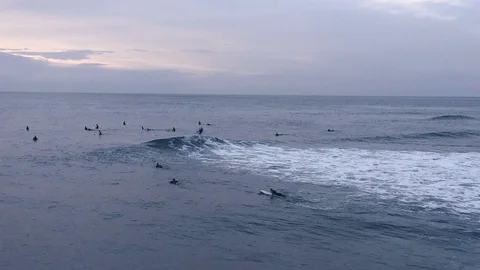 Slow motion surfers at dusk calmly waiting for next wave 4 Stock Footage 112698529