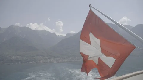 Slow motion Swiss Flag on back of Paddle boat on Lake Geneva Video stock 123466678