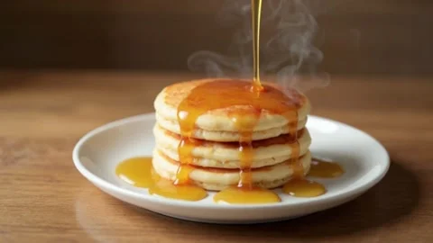 Slow motion syrup pouring over stack of pancakes Stock Footage 311187057