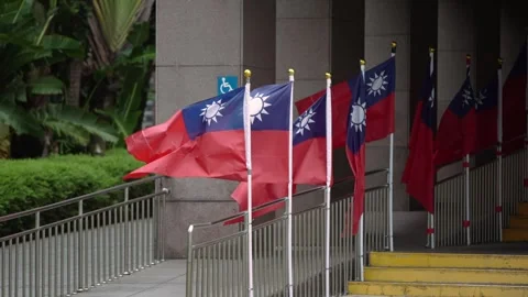 Slow motion of Taiwan flag on display at building entrance with greenery Stock Footage 314466165