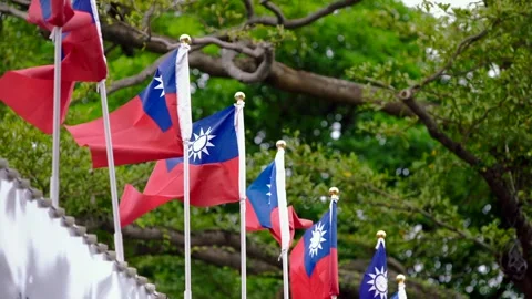 Slow motion of Taiwan flags waving near greenery Stock Footage 314233826