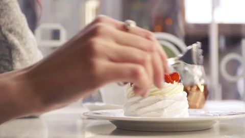 Slow motion tasting part of cake with strawberries Stock Footage 99666208