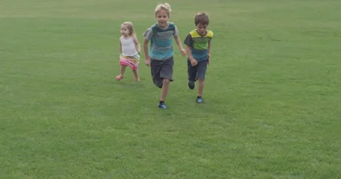 Slow Motion Three Children Running on the Grass in the Park Stock Footage 61521604