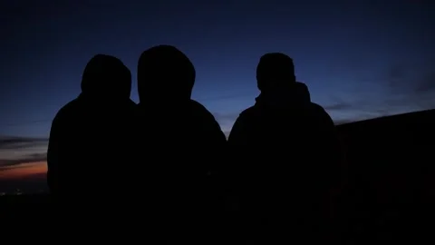 Slow motion of three friends socializing outdoors during a camping trip. Stock Footage 241881492