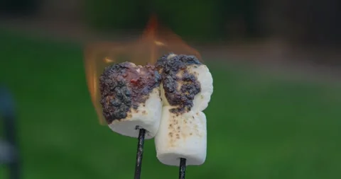Slow motion of three marshmallows roasting and catching fire Stock Footage 324762595