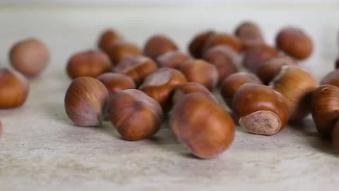 Slow motion of throwing unpeeled hazelnuts on the table Video stock 140130461